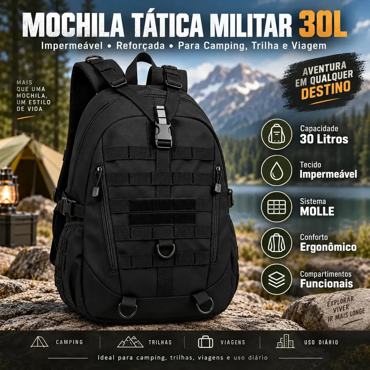 Mochila Tática NTESX 30L Impermeável para Camping, Trilha e Viagem