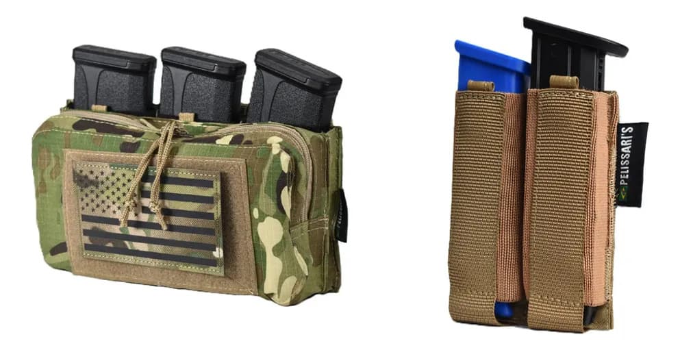 Kit Tático: Porta Carregador Molle Militar Multicam + Porta Carregador Pistola Duplo Tan