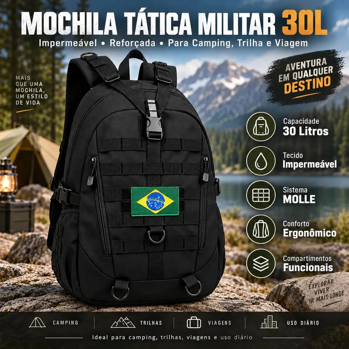 Mochila Tática NTESX 30L Impermeável para Camping, Trilha e Viagem