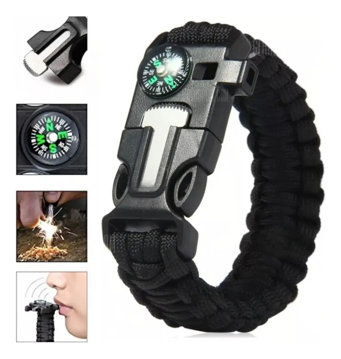 Pulseira De Sobrevivência Paracord Bússola Apito Pederneira