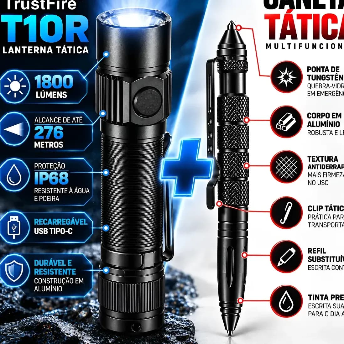 Lanterna Led Tática Trustfire T10r Botão Tático 1800 Lúmens Branco T10r + Caneta Tática