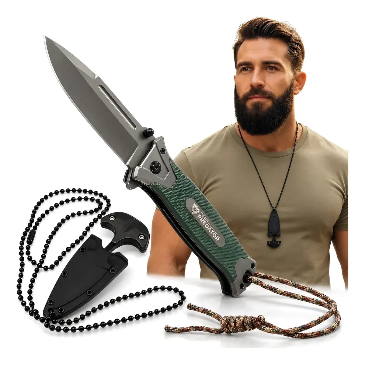 Canivete Tatico Militar Semi Automatico Dog Tag Colar Adaga Verde