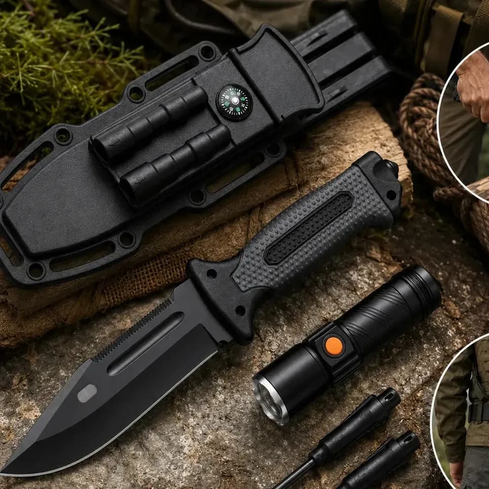 Kit Sobrevivência com Faca Tática de 14 cm, Lanterna e Pederneira