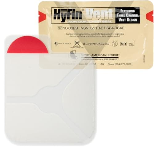 North American Rescue HyFin Vent Chest Seal (Individual) NAR Compact 3-Channel Pressure Relief Vents para traumas no peito, lesões e feridas (10-0029)
