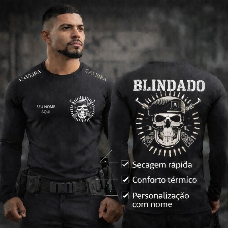 Camisa Tática Caveira Masculina Dry Fit – Estilo Militar MANGA LONGA