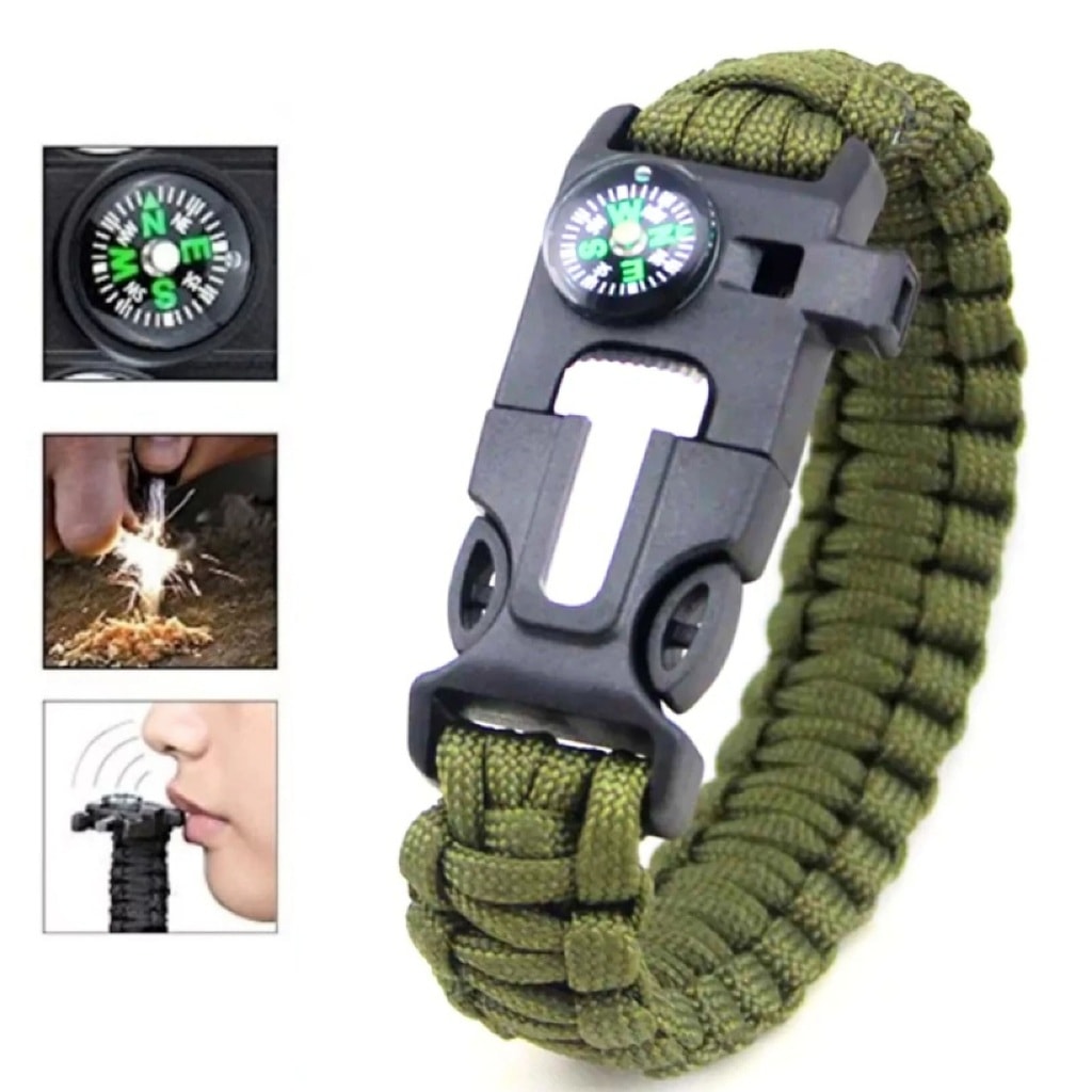 Kit 02 Pulseira Tática de Paracord Verde Bapumel sobrevivência Bússola Apito e Pederneira