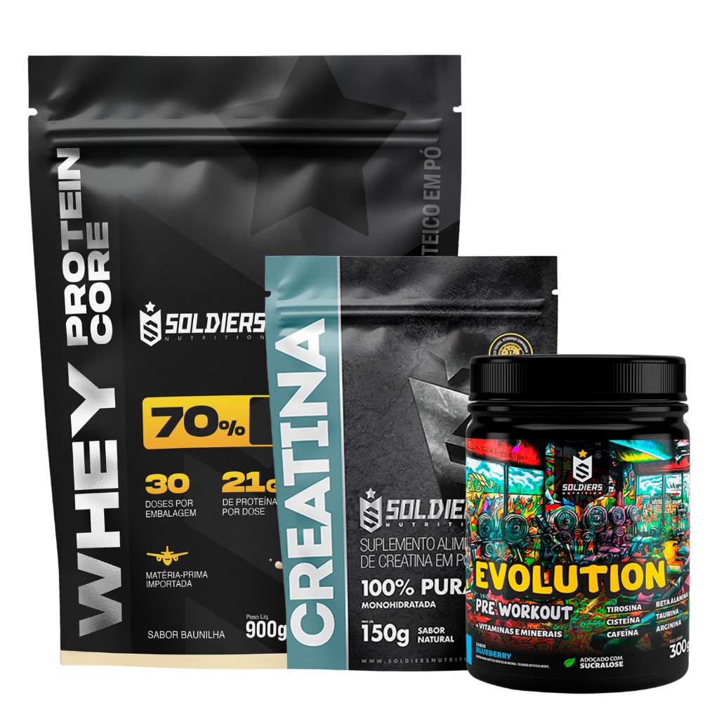 Kit Whey Core 70% de Proteína Concentrada -900g + Pré-Treino Evoluition 300g + Creatina 150g -Soldiers Nutrition