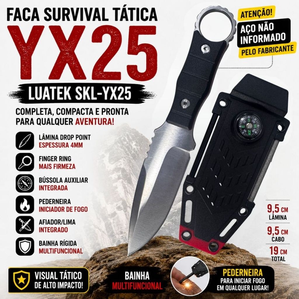 Faca Survival Tática Luatek YX25 Com Pederneira E Bússola