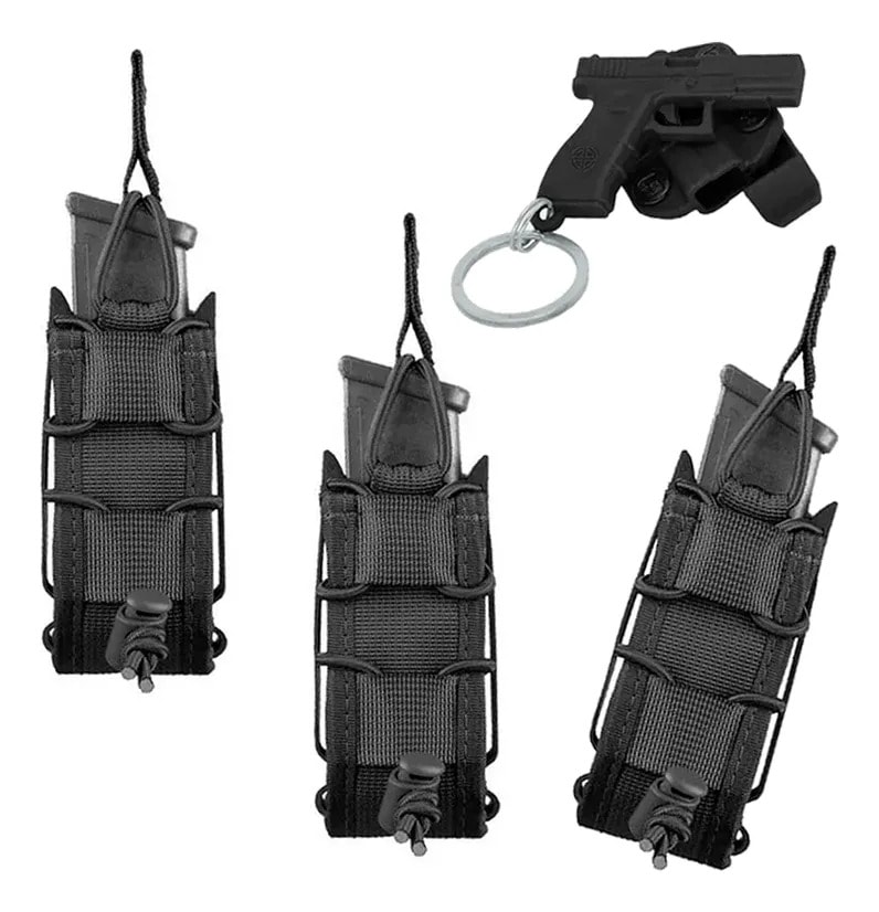 Kit 3 Porta Carregador Invictus Pistola Fast Modular Ajustável P/ Colete Ou Cinto + Chaveiro Holster 7cm Bélica Militar
