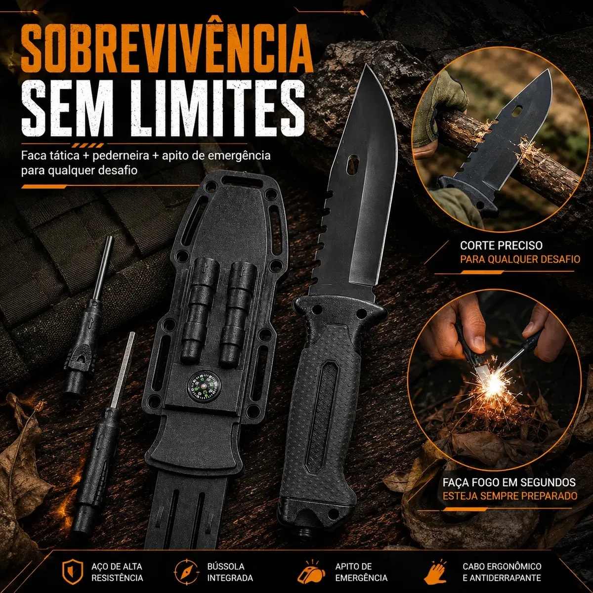 Faca Tática Aventura com Kit: Bainha, Pederneira, Apito e Bússola para Camping