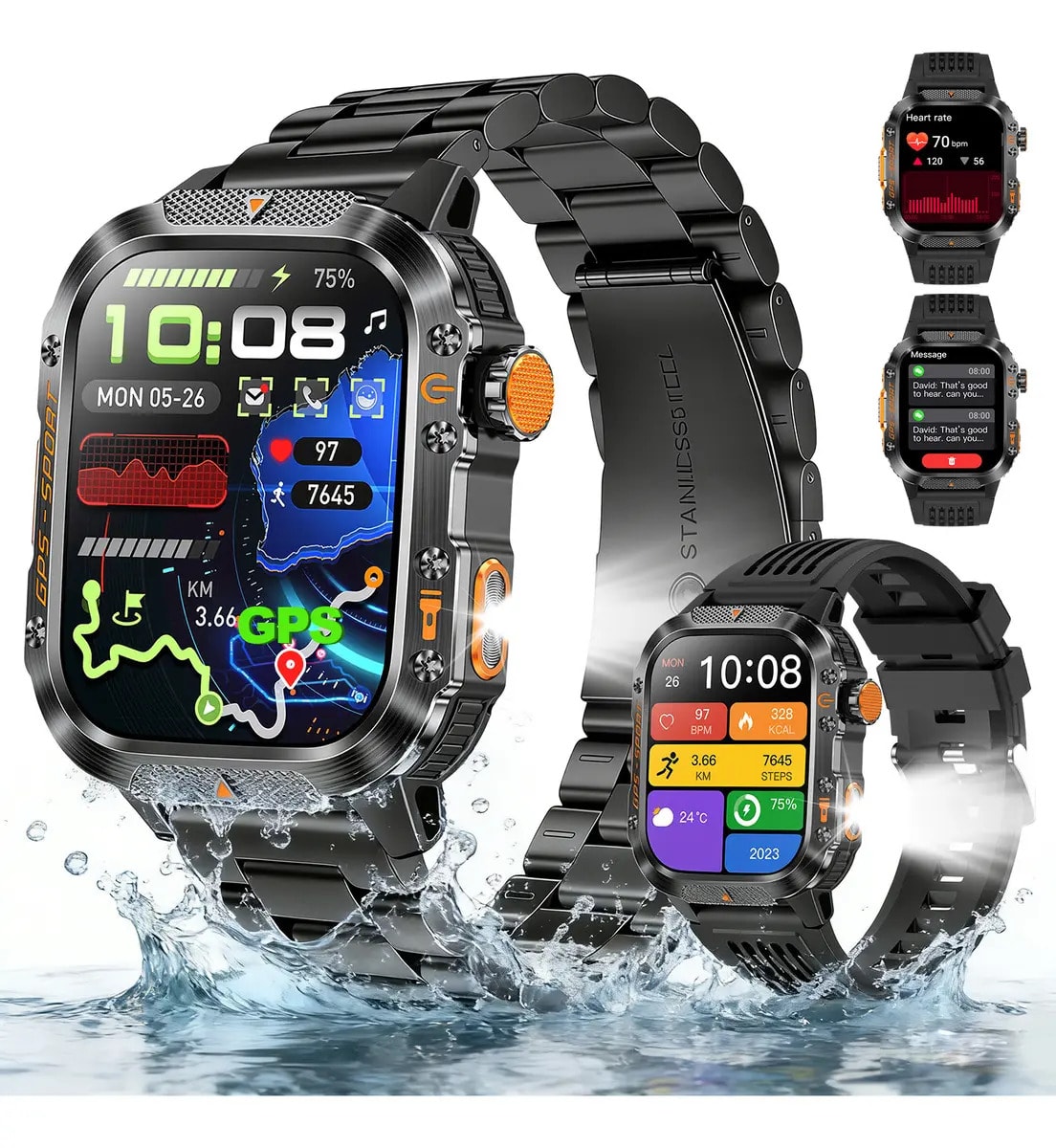 Relógio Inteligente Smartwatch GPS Autônomo NOVANTE Masculino Feminino Chamadas Bluetooth Preto Esportivo Tática À prova d'água 3ATM 430mAh Android IOS Com Pulseira De Aço Lanterna Bússola Presente