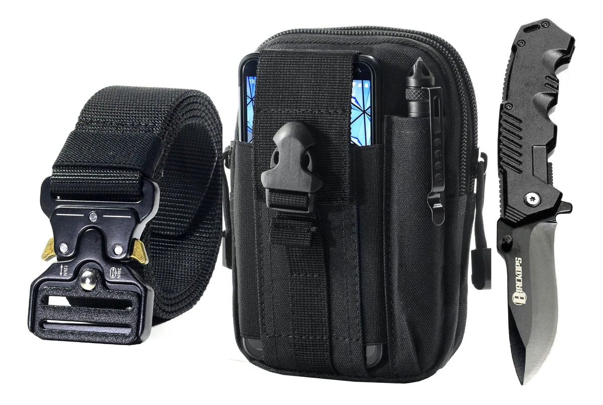 Canivete Tatico Semi Automático Kn-1 Bolsa Porta Treco Cinto
