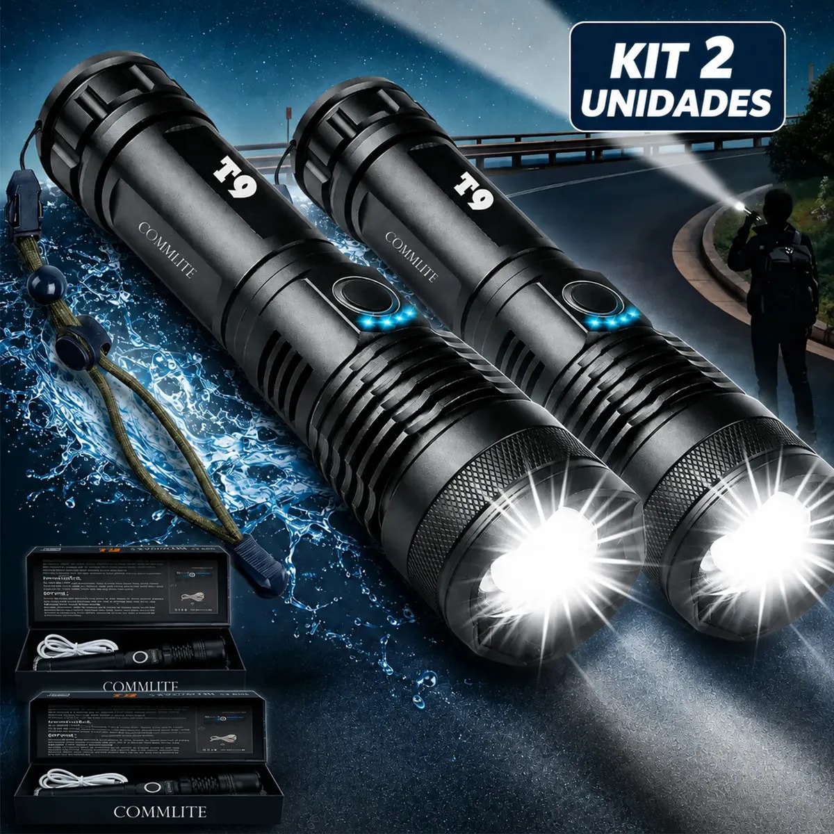 Kit 2 Unidades - Lanterna Tática Militar T9 Mais Forte Do Mundo Profissional Lanterna Potente Led Mais Forte Do Mundo Acampamento Viajens Caça Camping - Commlite Branco Preto