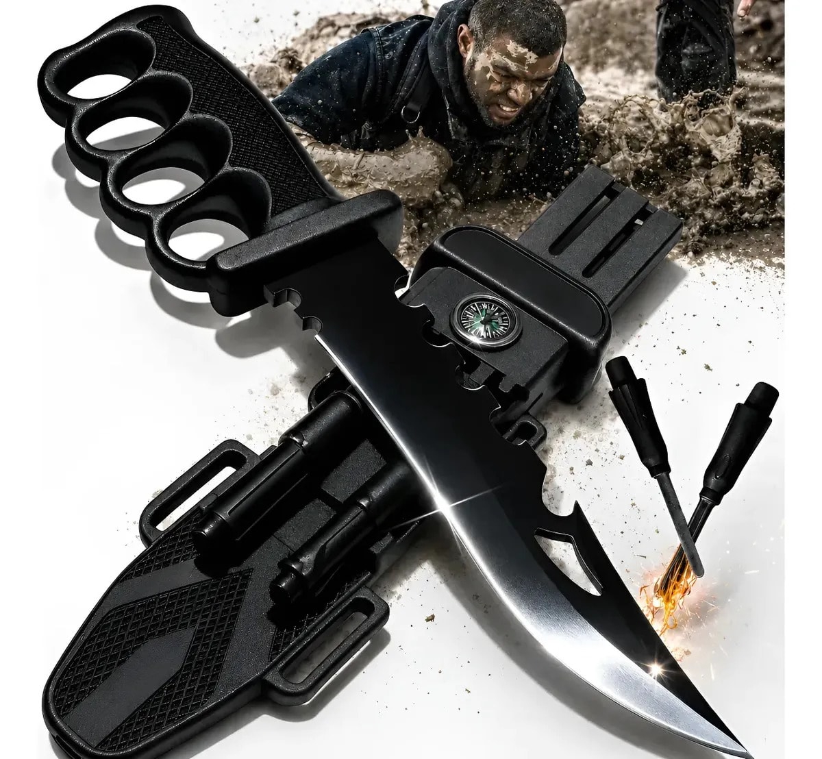 Faca Tática Sobrevivência 33cm Aço 440c Ultra Afiada Com Soco Inglês Bússola Apito Pederneira Afiador Bainha Militar Camping Caça Pesca Trilha Emergência Resgate Selva Outdoor Combate