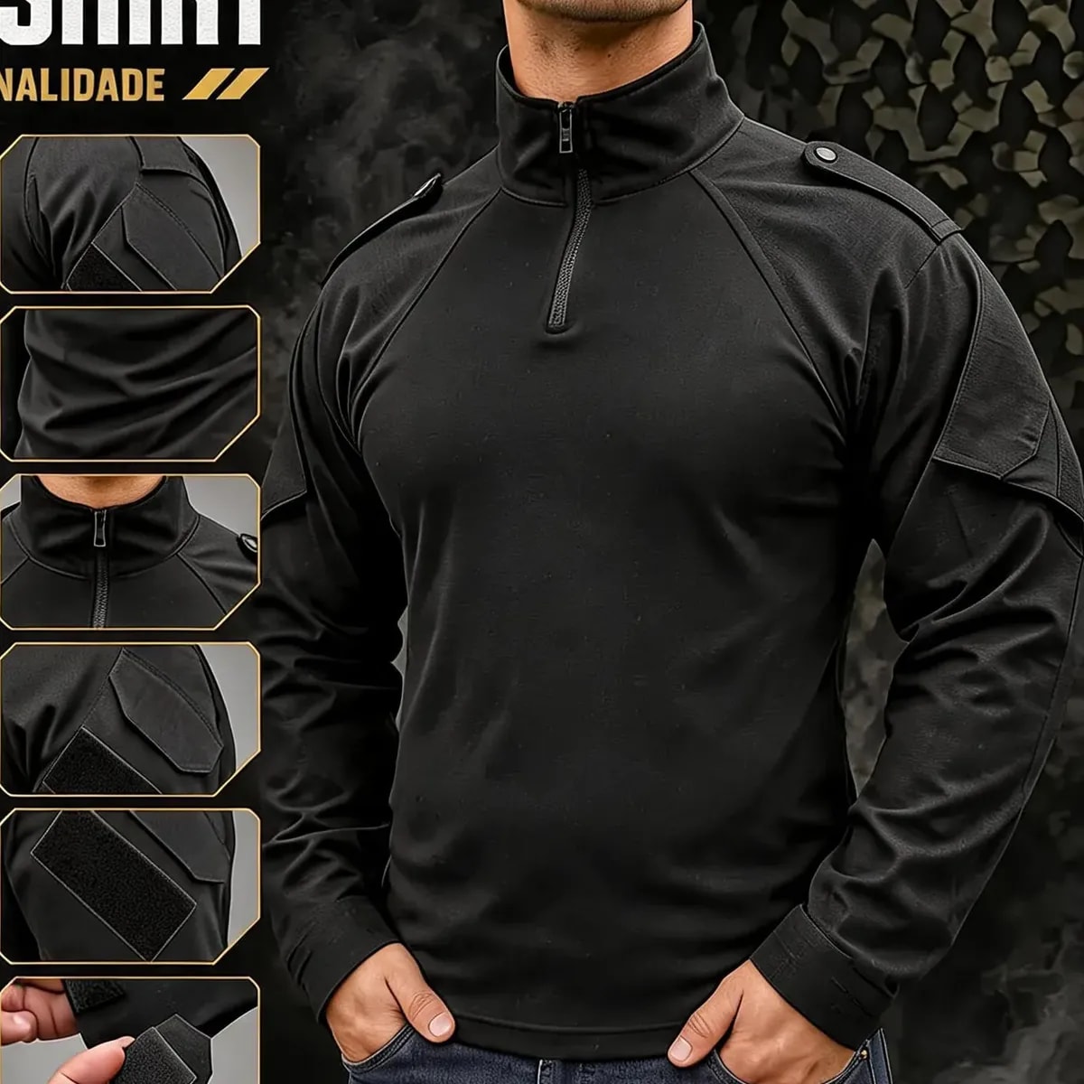 Camisa Tática Resistente Combat Com Punhos Reguláveis Preto Liso G
