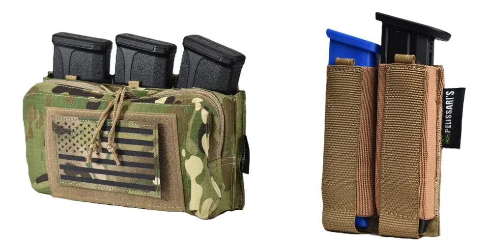 Kit Tático: Porta Carregador Molle Militar Multicam + Porta Carregador Pistola Duplo Tan