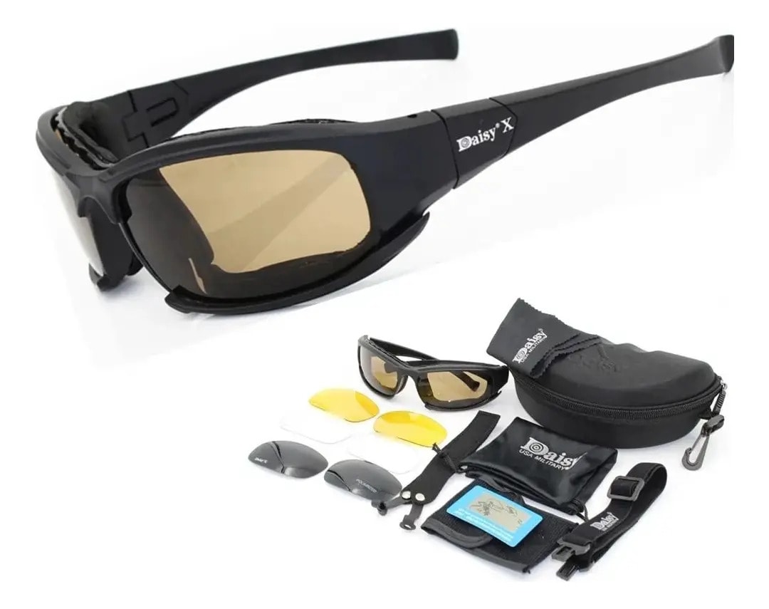 Óculos Tático Militar X7 Polarizado Proteção Uv 4 Lentes Armação Preto Lente Escura Marron Transparente Amarela