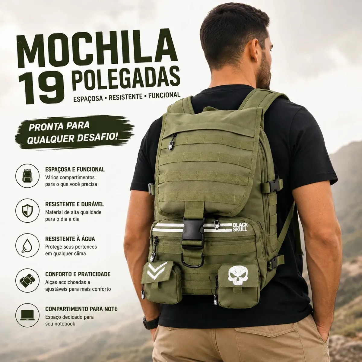 Mochila De Costa Passeio Black Skull Treino Cor Verde Desenho Do Tecido Poliéster
